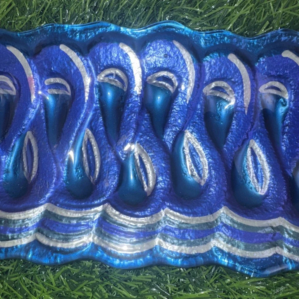 Fused Art Glass Ribbon Candy Tray Blue Magenta Silver Christmas Candy Dish Set